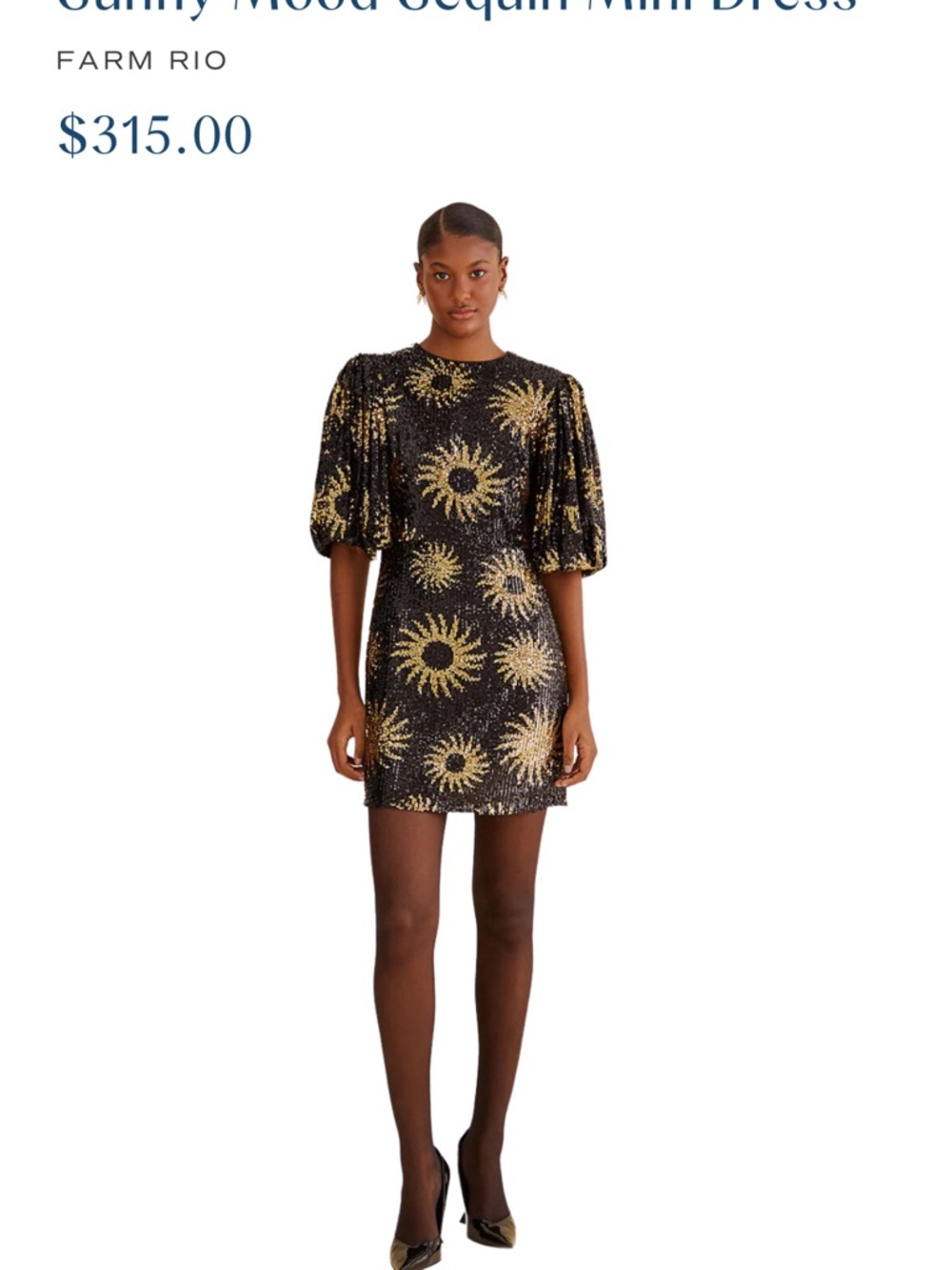 FARM Rio Black Mini Dress with Gold Sequin Sunbursts
